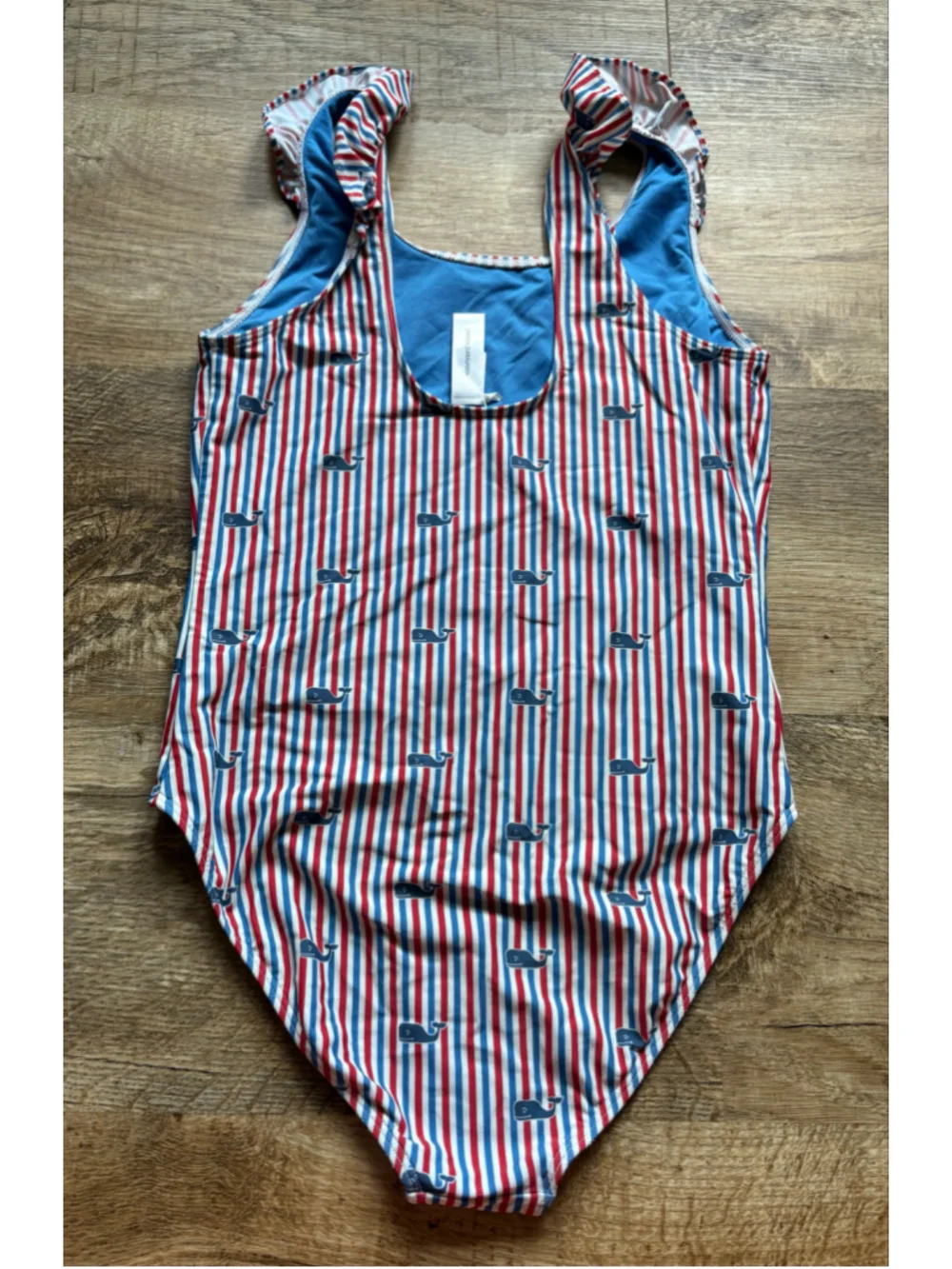 Vineyard Vines Girls Size L (14) Ruffle One-Piece Swimsuit Red White Blue Whale